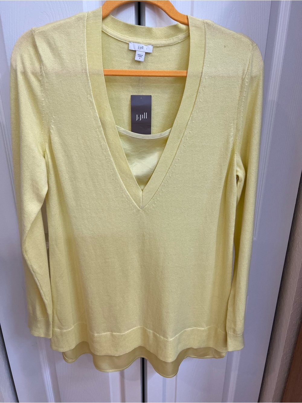J. Jill Pale Yellow V-Neck Layered Hem Sweater size S